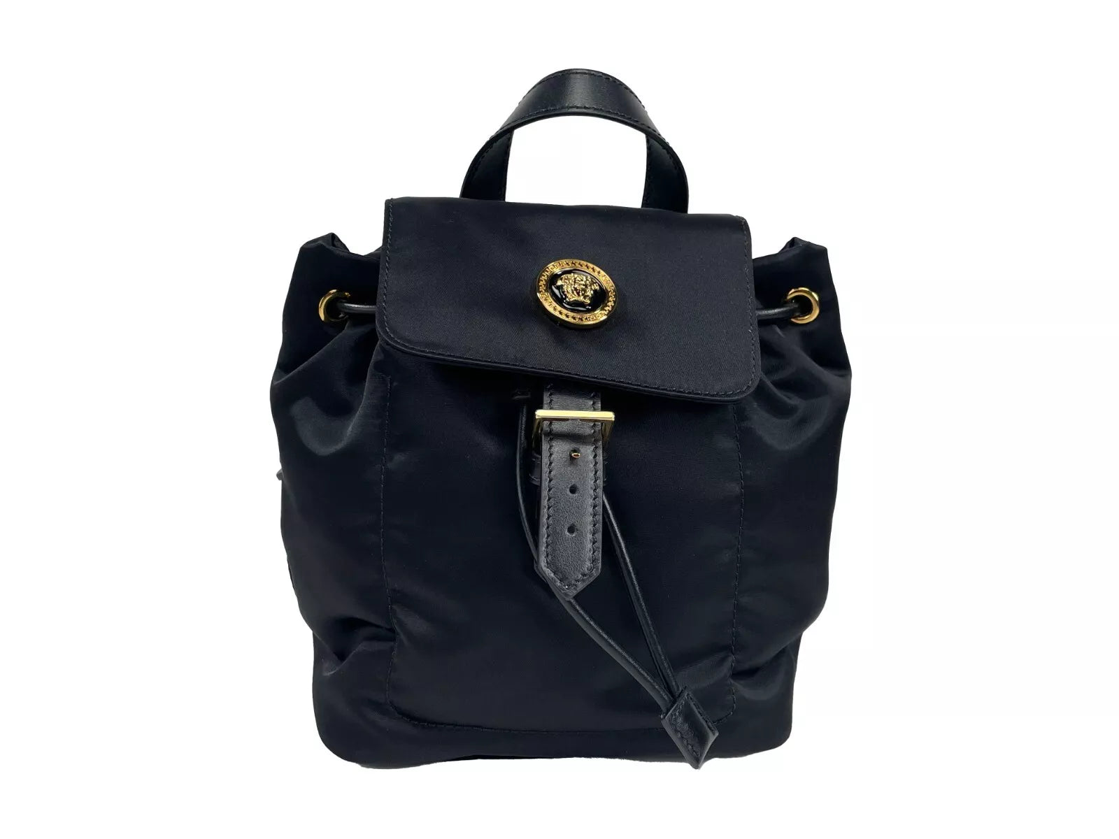 Versace Mini Nylon Medusa Drawstring Backpack Bag Gold Leather