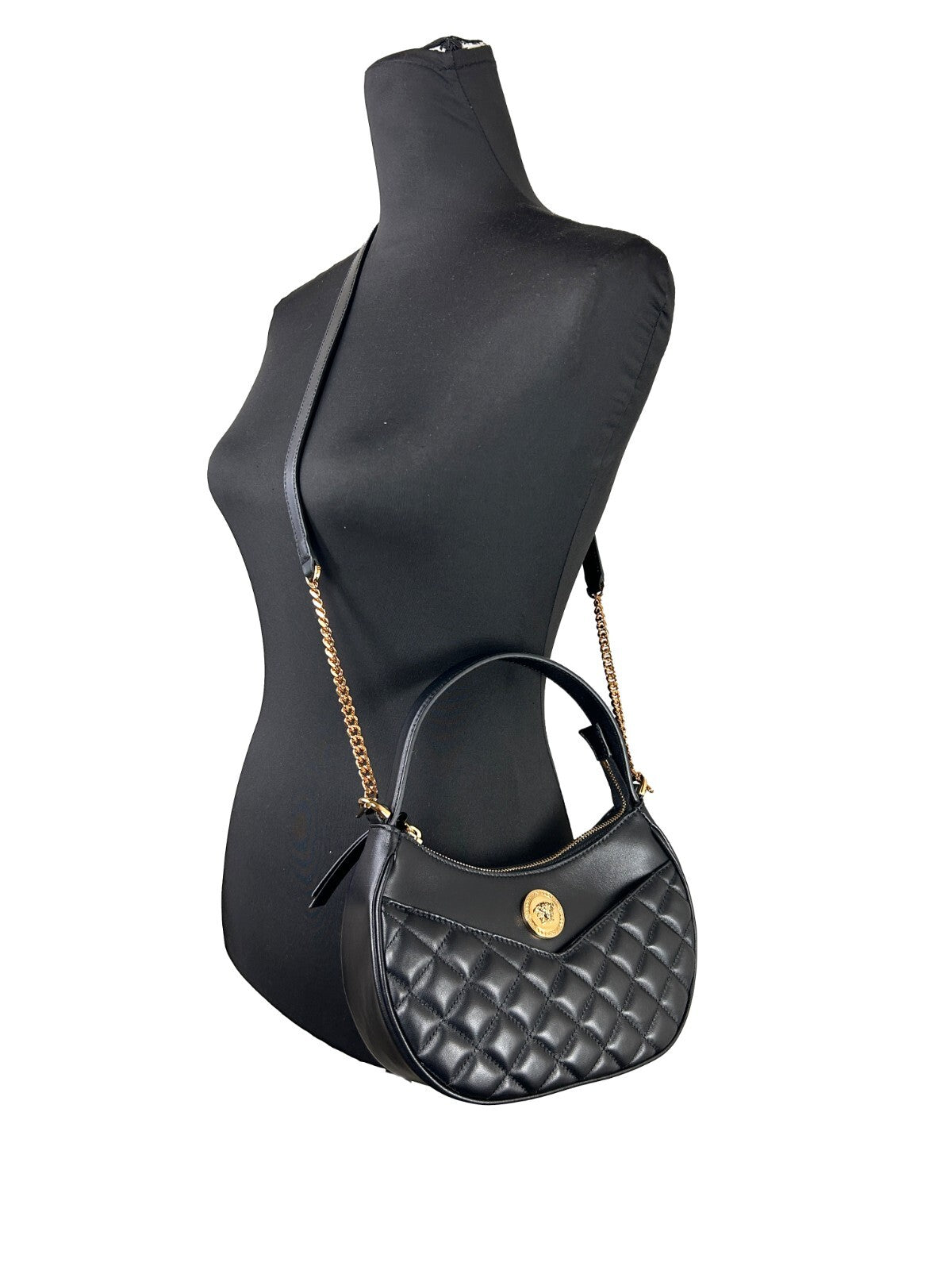 Versace Quilted Black Leather Half Moon Chain Crossbody Bag Gold