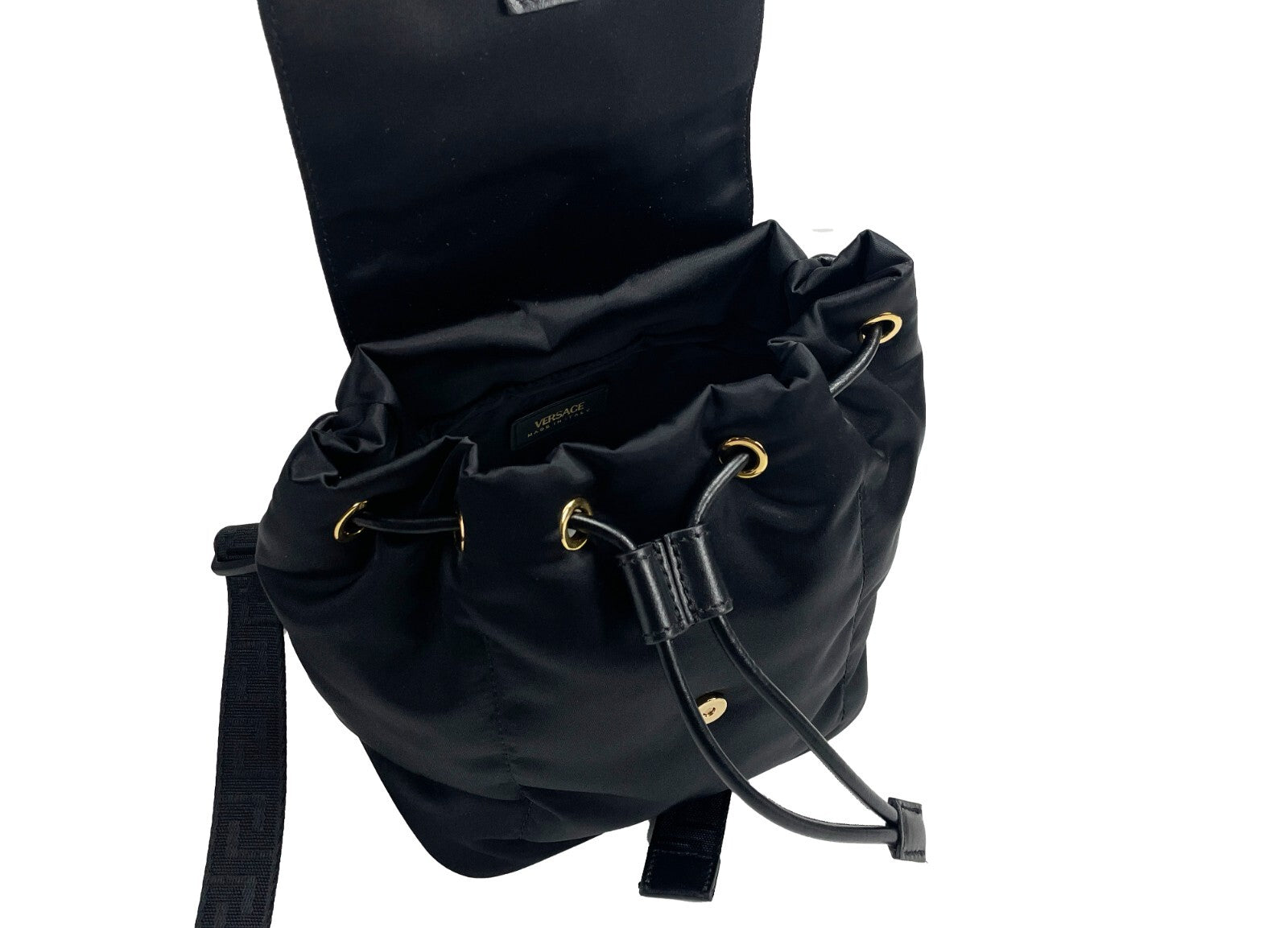 Versace Mini Nylon Medusa Drawstring Backpack Bag Gold Leather