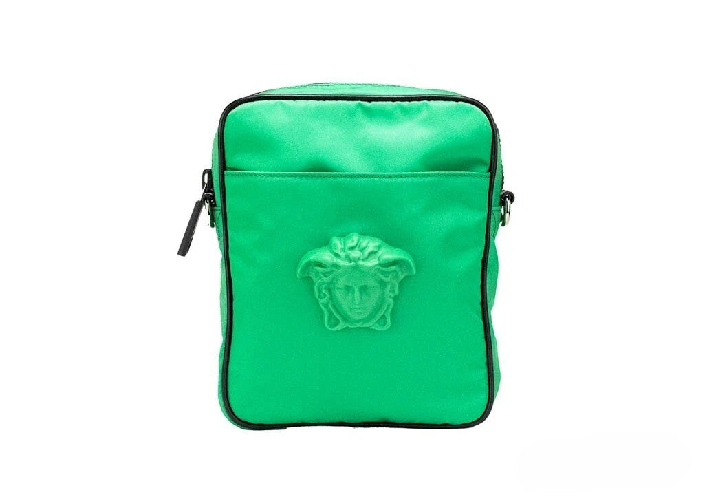 Versace Small Bright Green Nylon Fabric Medusa Crossbody Messenger Bag Purse Black