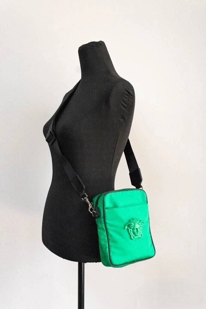 Versace Small Bright Green Nylon Fabric Medusa Crossbody Messenger Bag Purse Black