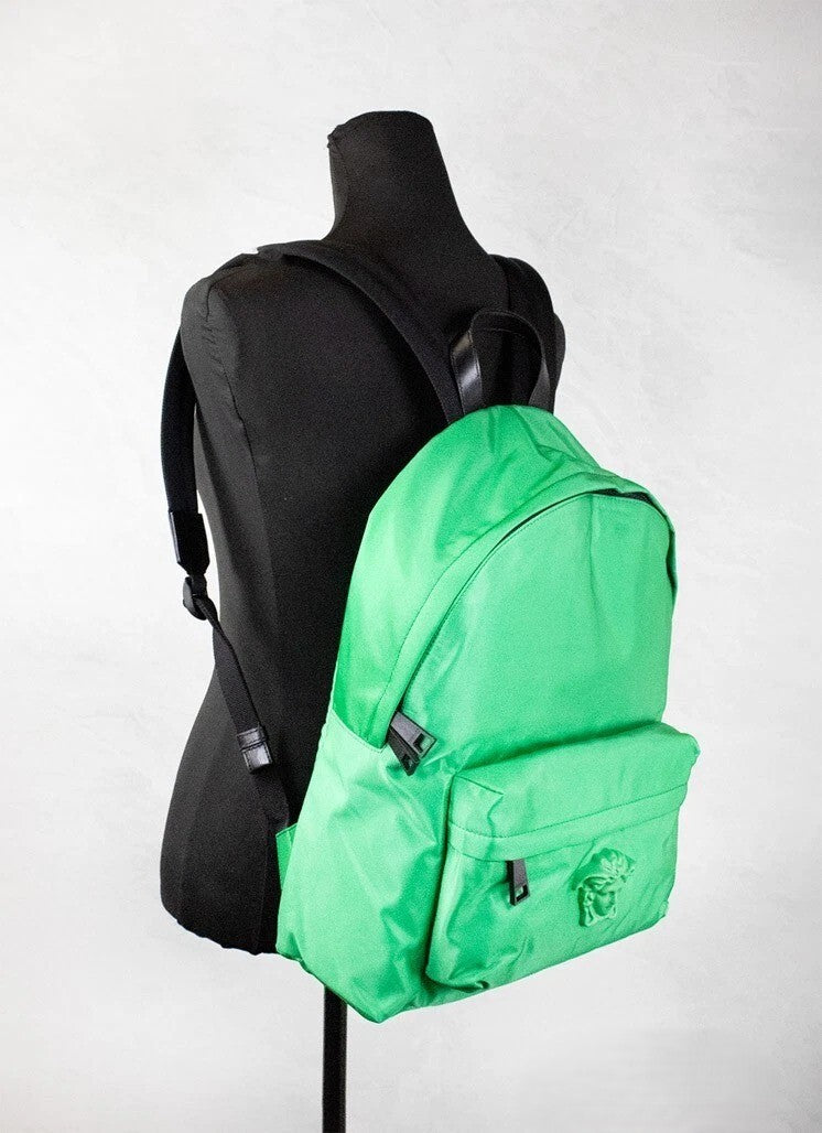 Versace Large Bright Green Nylon Fabric Medusa Shoulder Backpack Bookbag Black