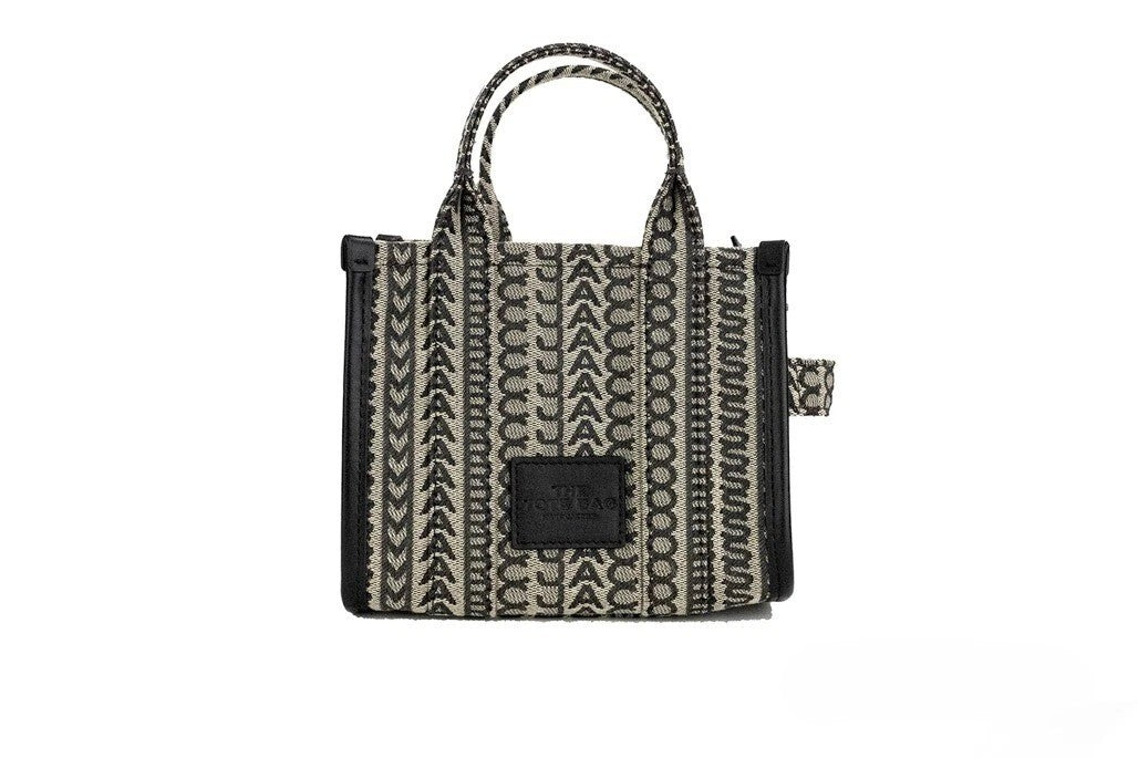 Marc Jacobs The Monogram Beige Mini Tote Woven Jacquard Canvas Crossbody Handbag Silver