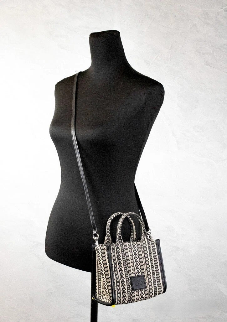 Marc Jacobs The Monogram Beige Mini Tote Woven Jacquard Canvas Crossbody Handbag Silver