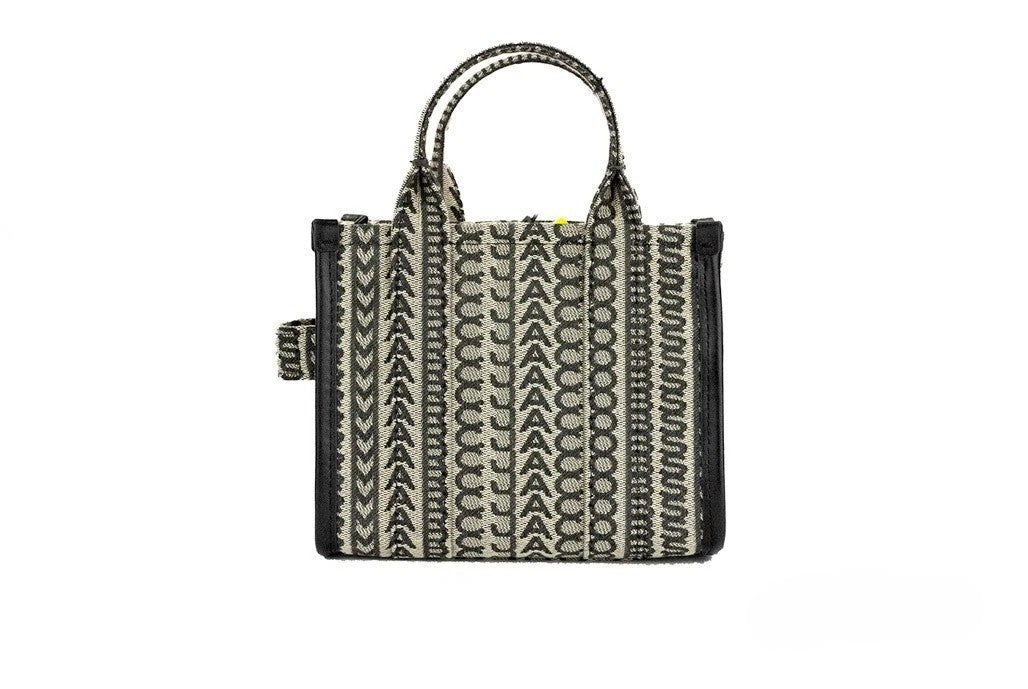 Marc Jacobs The Monogram Beige Mini Tote Woven Jacquard Canvas Crossbody Handbag Silver