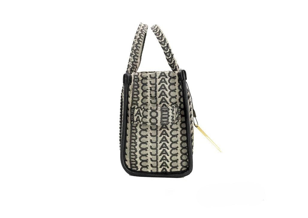 Marc Jacobs The Monogram Beige Mini Tote Woven Jacquard Canvas Crossbody Handbag Silver
