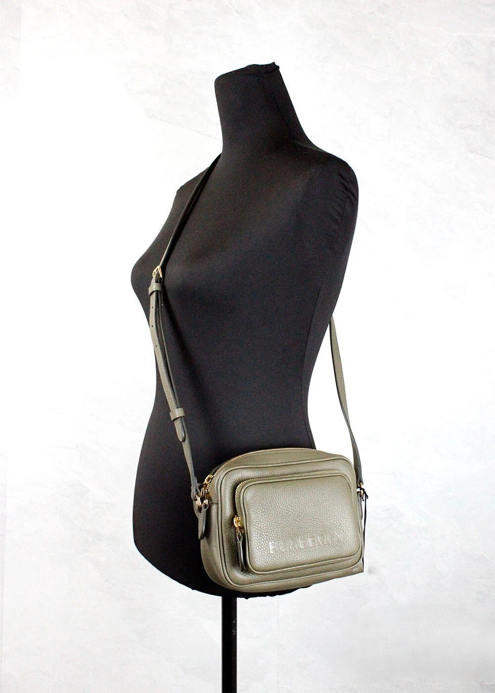 Burberry Small Branded Dark Fern Green Grainy Leather Camera Crossbody Bag Gold