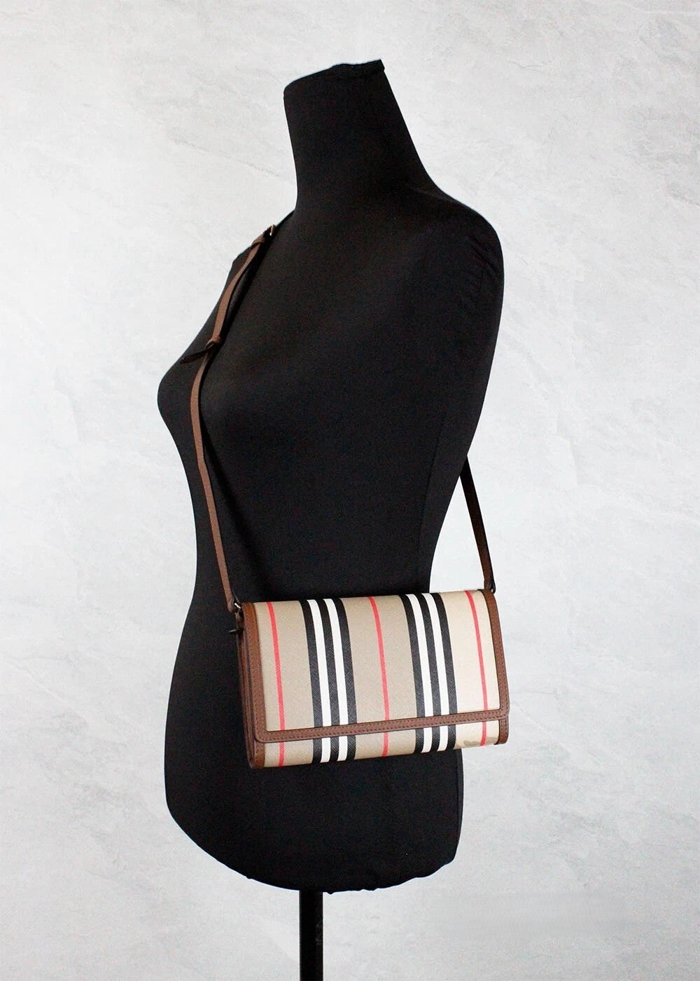 Burberry Hannah Icon Stripe Archive Tan E-Canvas Leather Wallet Crossbody Bag Gold