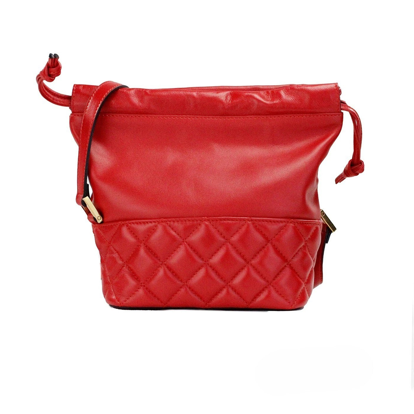Versace Red Quilted Leather Drawstring Shoulder Bag Bucket Crossbody Handbag Gold Smooth