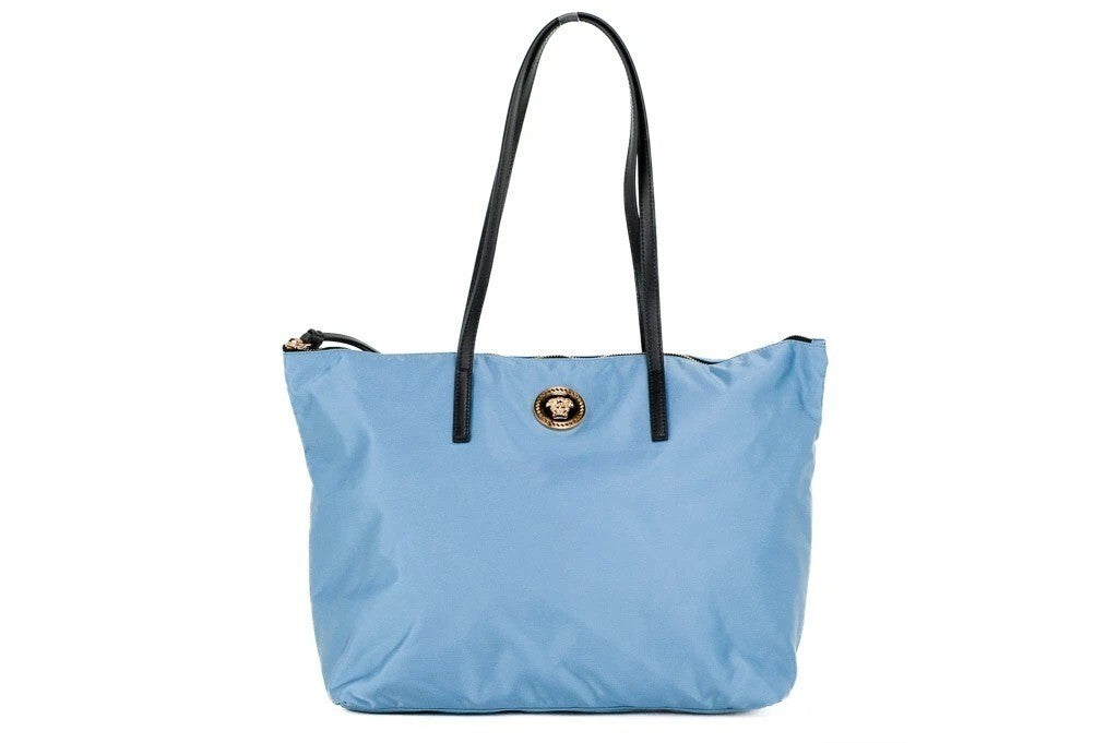Versace Portuna Medusa Medium Cornflower Blue Nylon Leather Tote Bag Purse Gold