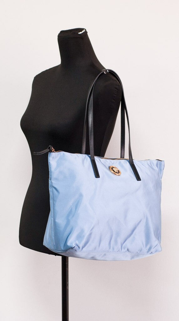 Versace Portuna Medusa Medium Cornflower Blue Nylon Leather Tote Bag Purse Gold