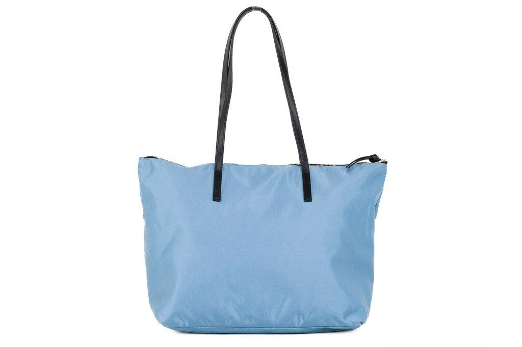 Versace Portuna Medusa Medium Cornflower Blue Nylon Leather Tote Bag Purse Gold
