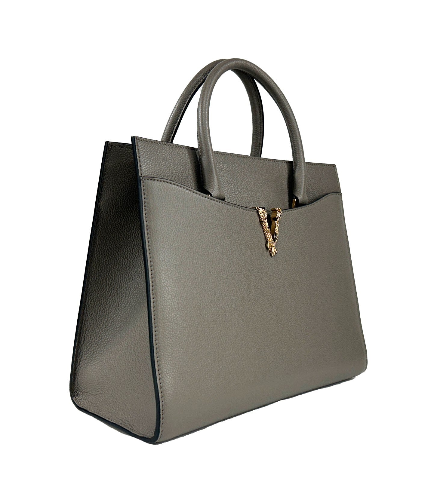 Versace Virtus Large Leather Top Handle Satchel Bag Tote Gray Gold