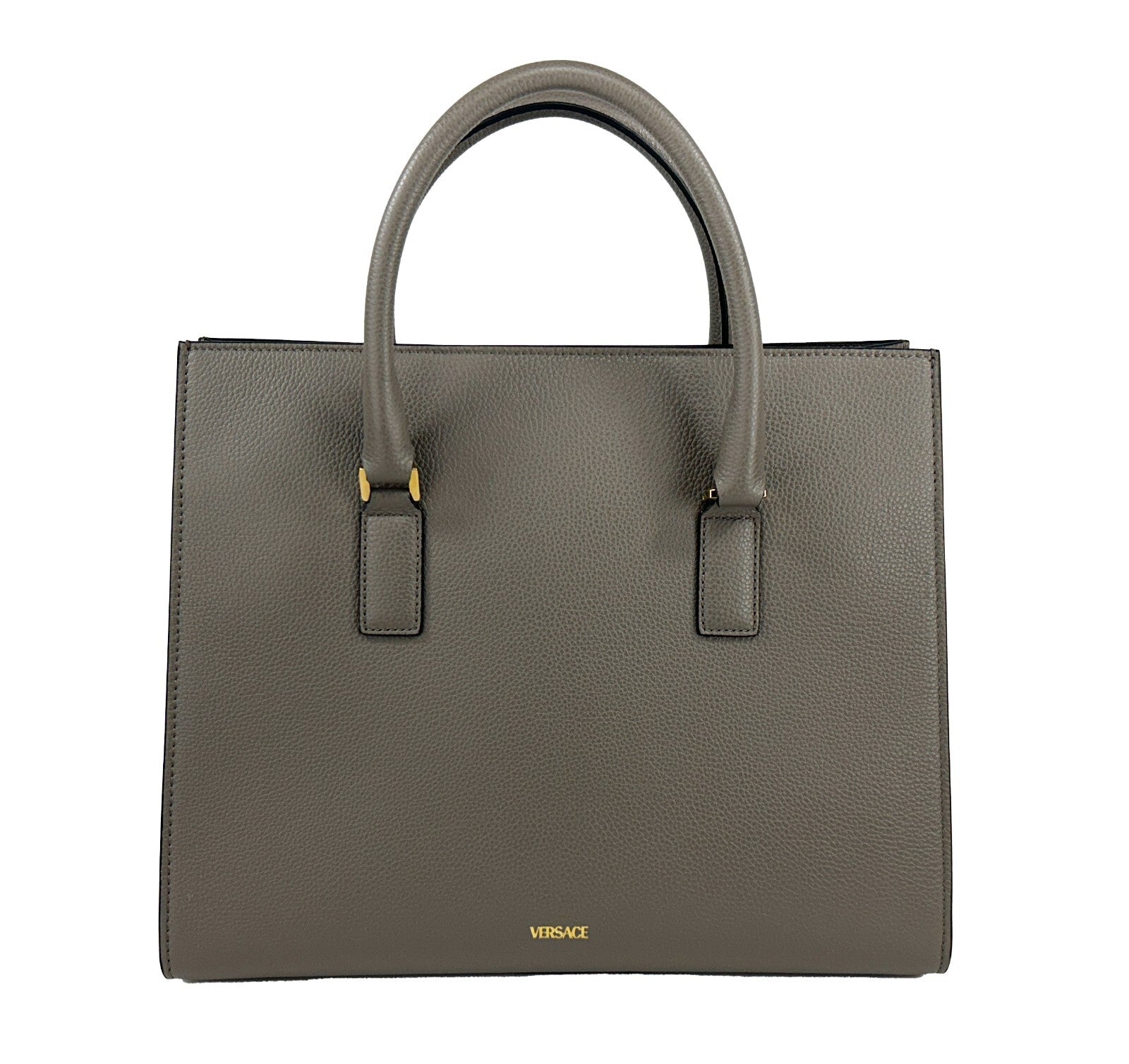 Versace Virtus Large Leather Top Handle Satchel Bag Tote Gray Gold