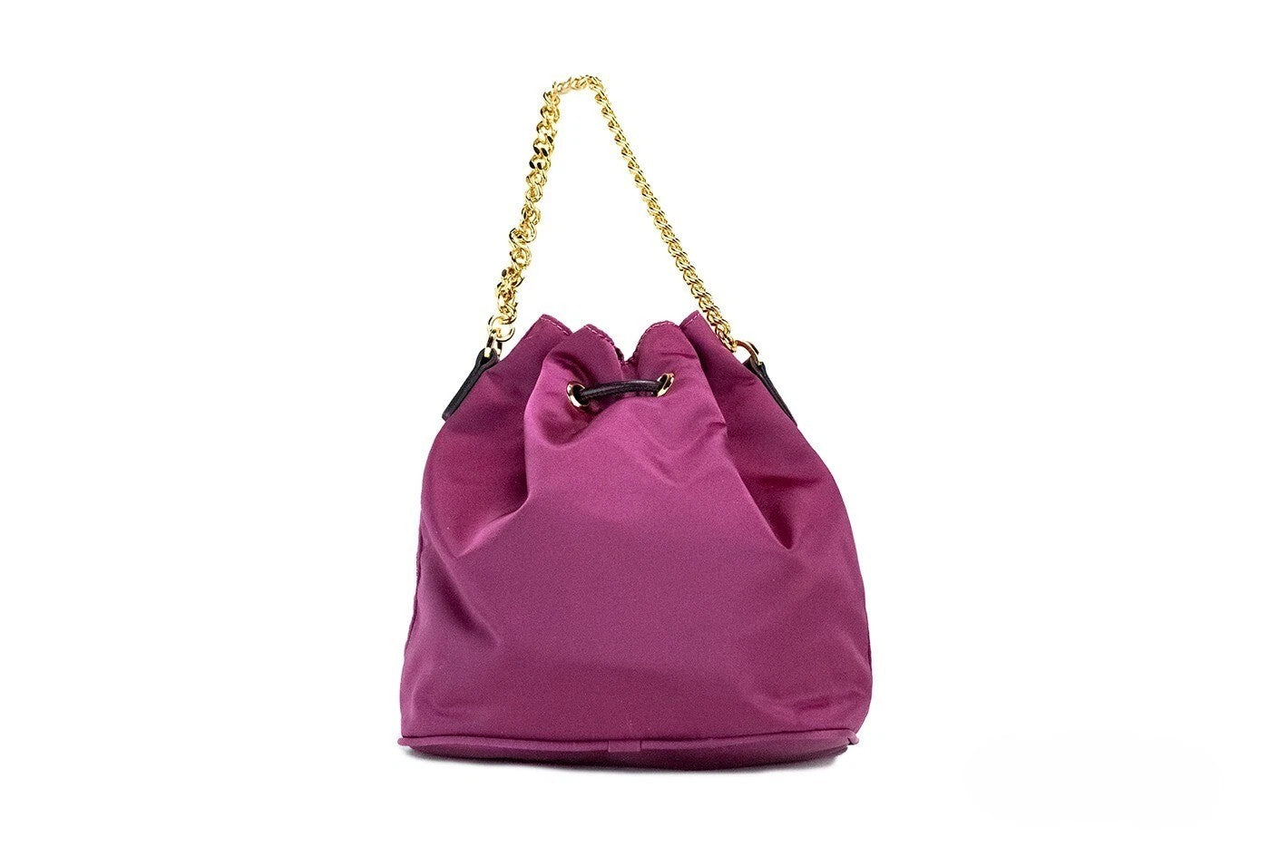Versace Small Dahlia Nylon Medusa Pendant Bucket Chain Crossbody Bag Purse Gold Leather