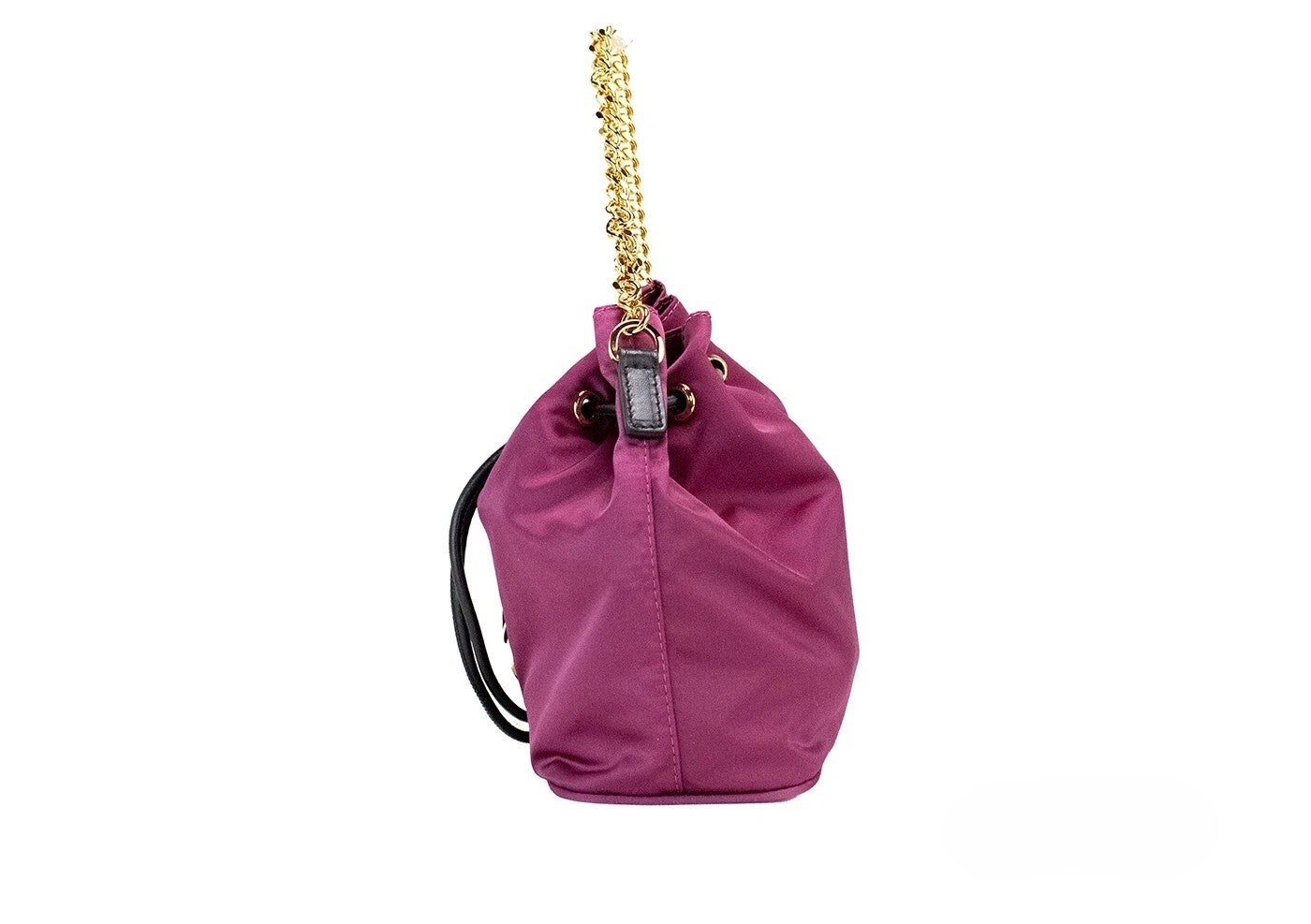 Versace Small Dahlia Nylon Medusa Pendant Bucket Chain Crossbody Bag Purse Gold Leather