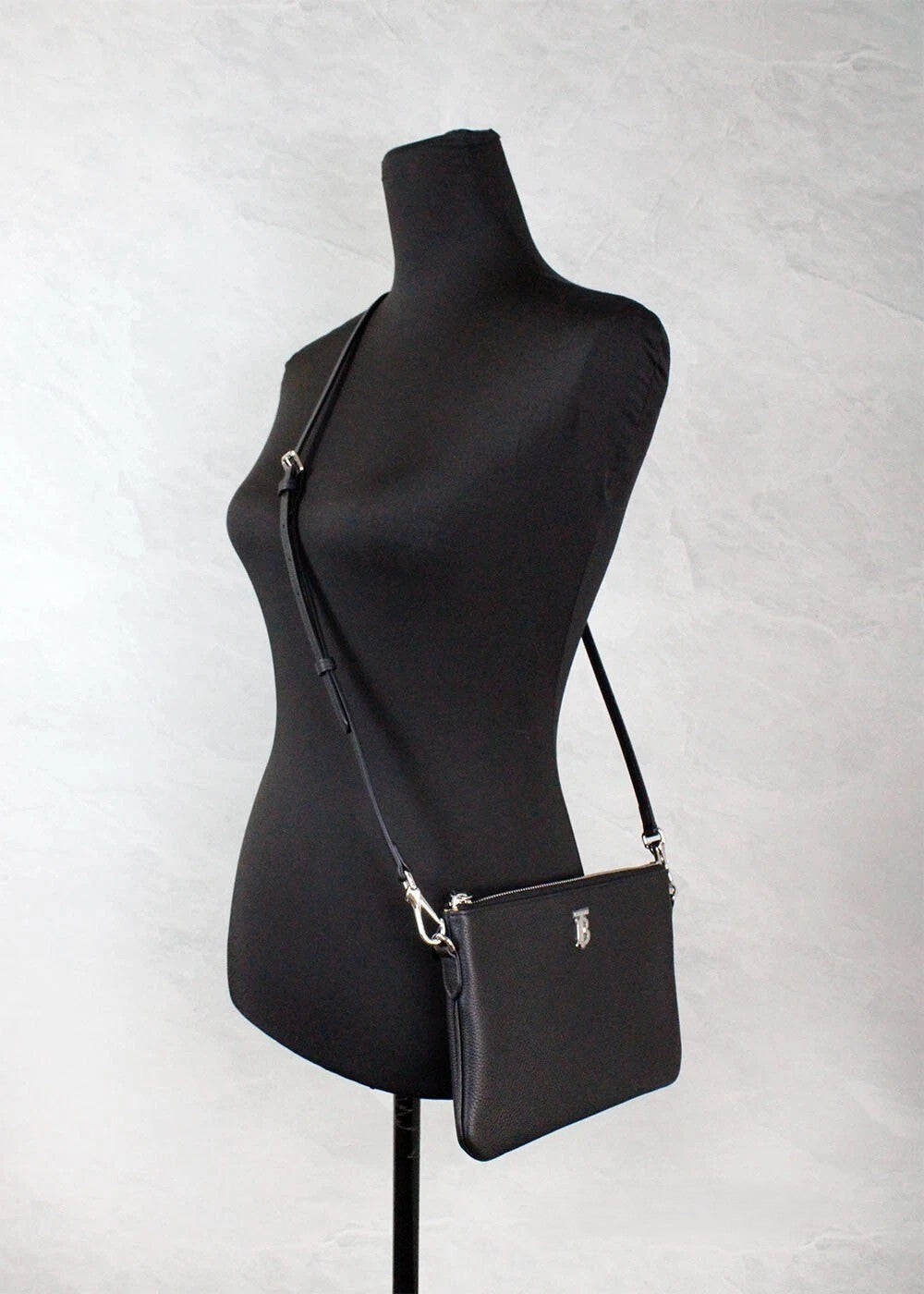 Burberry Peyton Monogram Black Leather Pouch Crossbody Bag Purse Silver