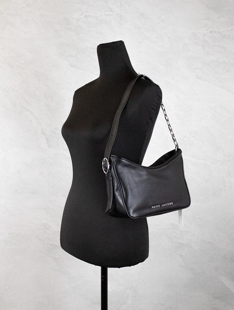 Marc Jacobs Tempo Small Black Smooth Leather Hobo Convertible Shoulder Bag Purse Silver