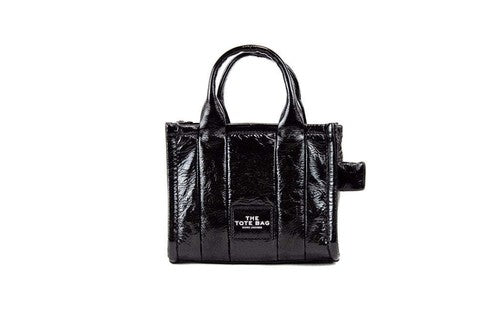 Marc Jacobs The Shiny Crinkle Micro Tote Black Leather Crossbody Bag Handbag Silver