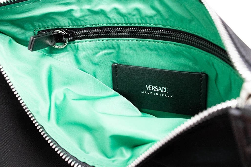 Versace Large Black Nylon Fabric Medusa Convertible Pouch Clutch Wristlet Bag Silver