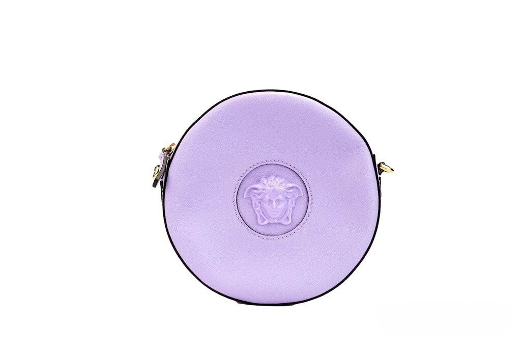 Versace Round Disco Lilac Pebbled Leather Camera Case Crossbody Bag Purse Gold