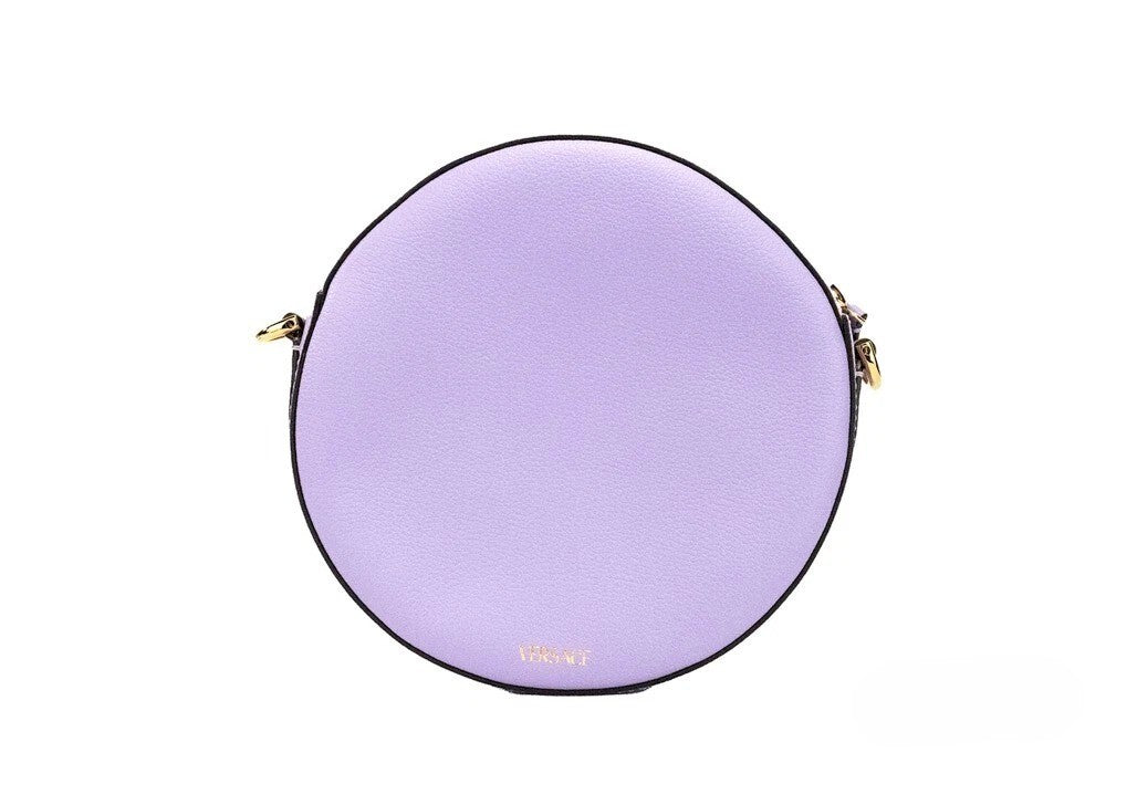 Versace Round Disco Lilac Pebbled Leather Camera Case Crossbody Bag Purse Gold