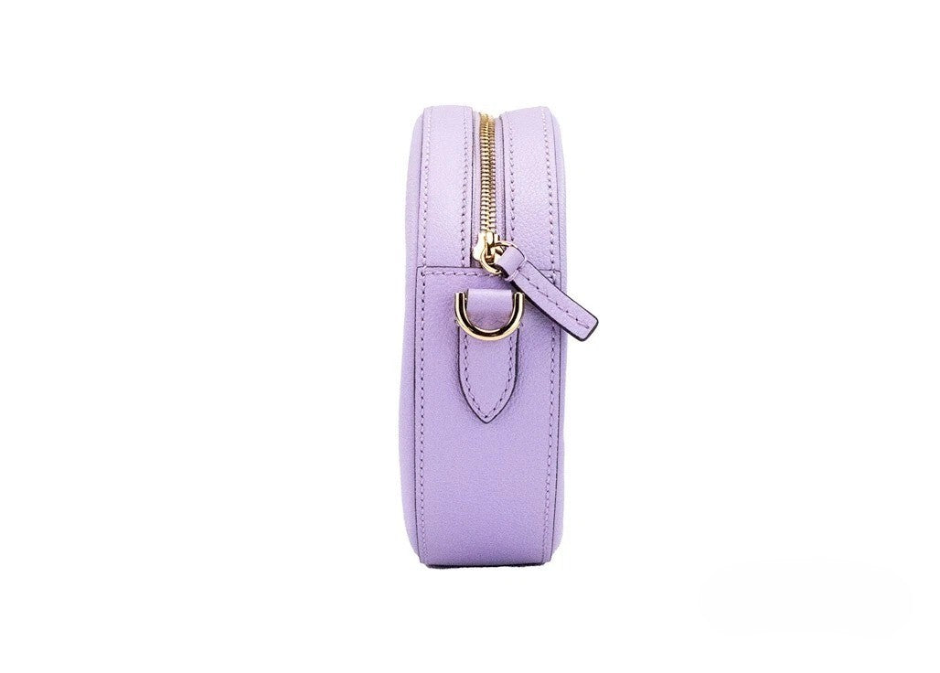 Versace Round Disco Lilac Pebbled Leather Camera Case Crossbody Bag Purse Gold