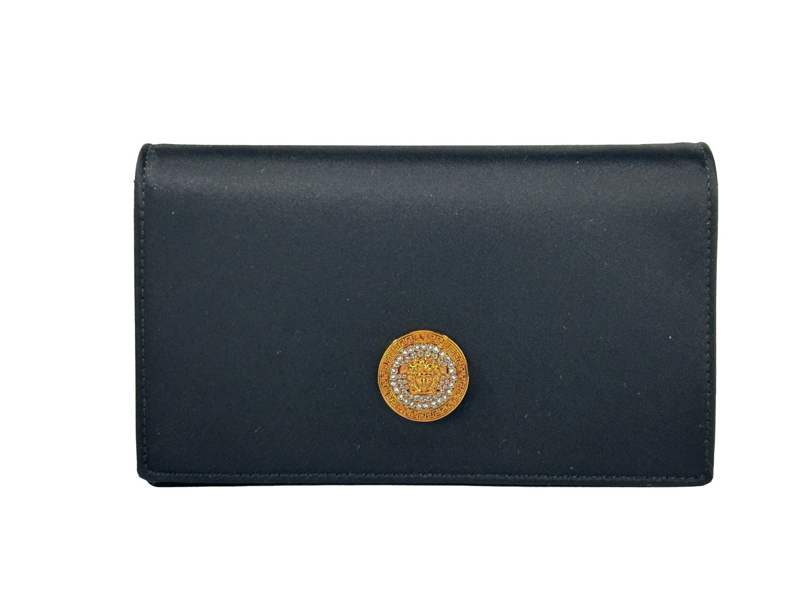 Versace Mini Chain Black Crossbody Wallet Bag Gold Fabric