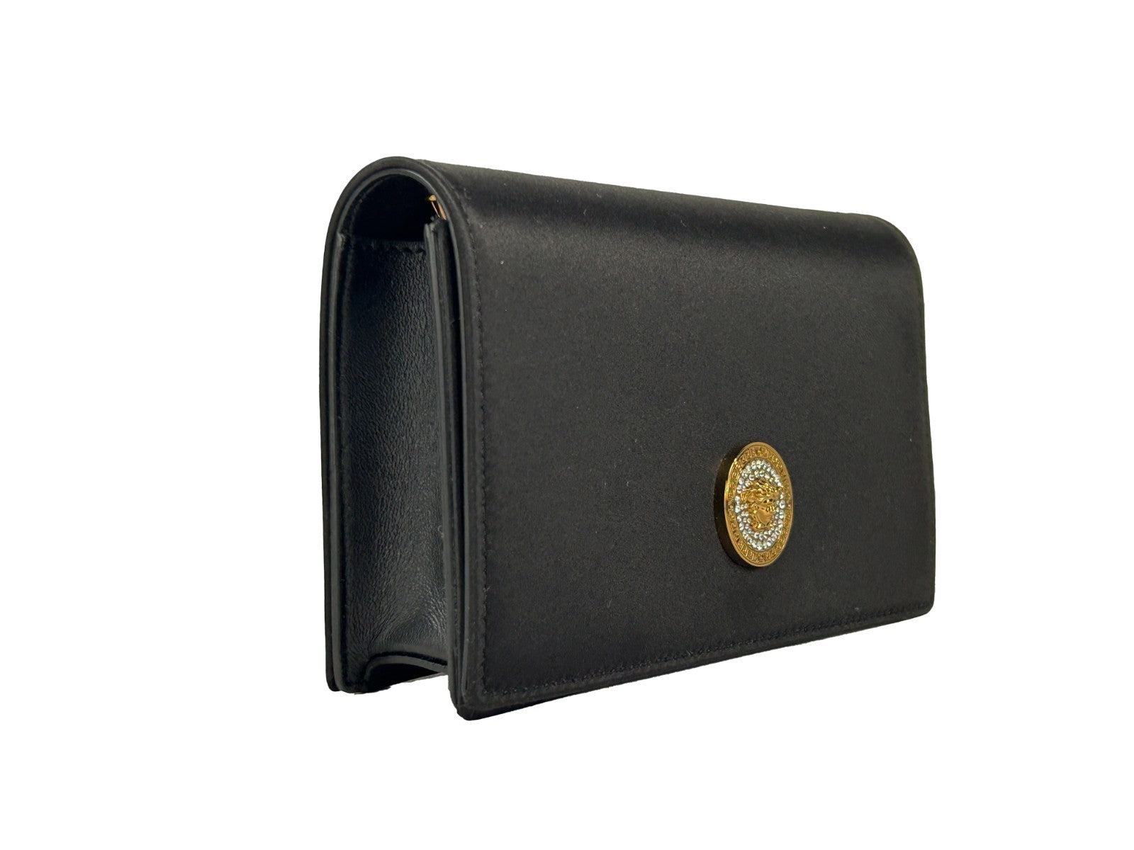 Versace Mini Chain Black Crossbody Wallet Bag Gold Fabric