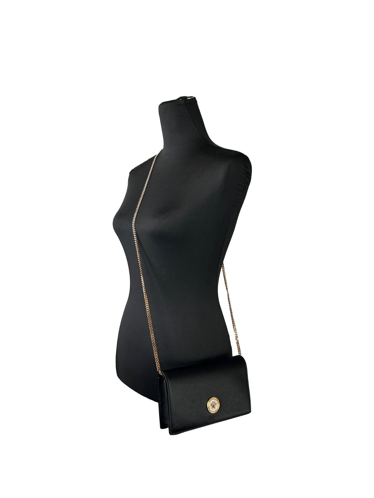 Versace Mini Chain Black Crossbody Wallet Bag Gold Fabric