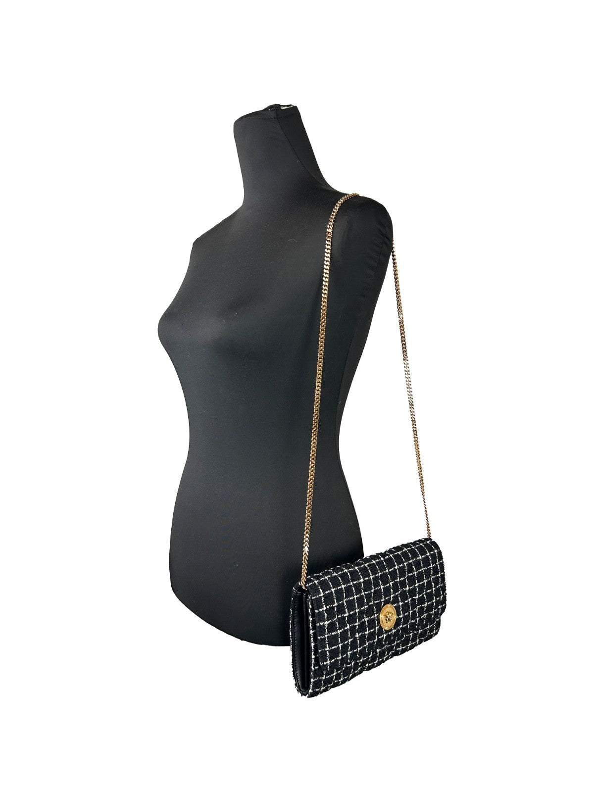 Versace Wallet On A Chain Fabric Black Crossbody Bag Gold