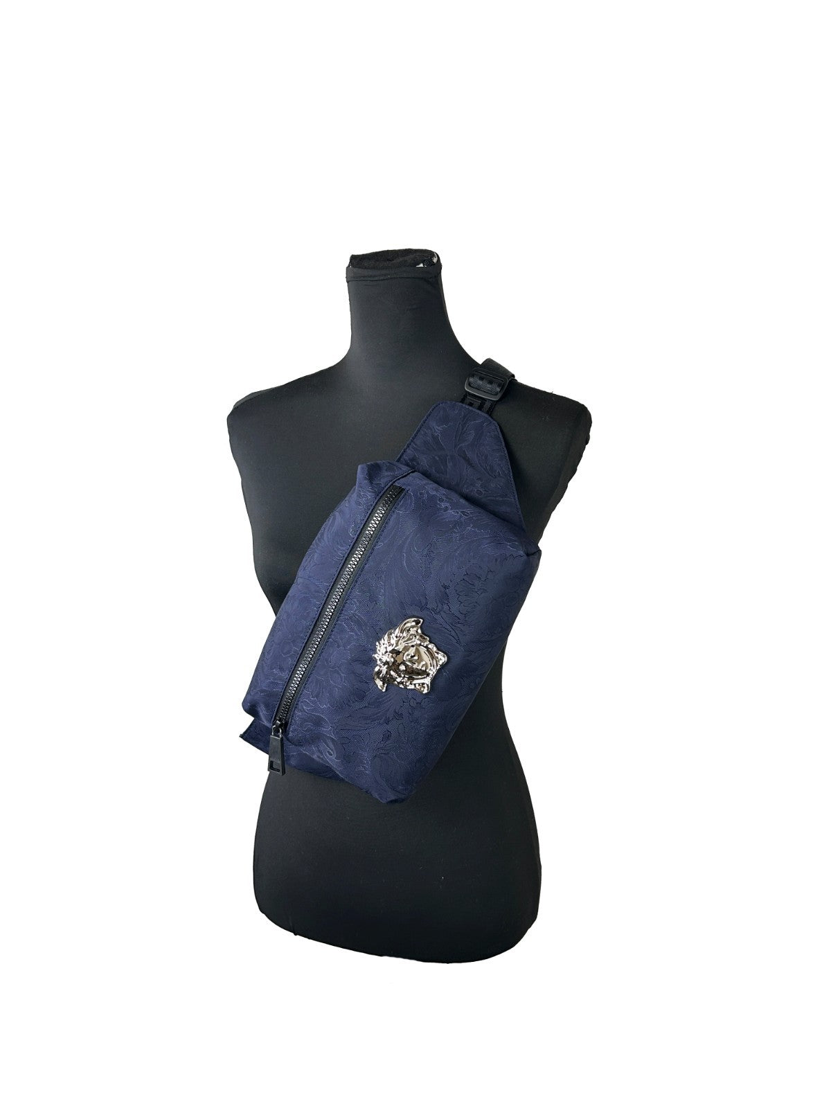 Versace Medusa Navy Nylon Belt Bag Waist Fanny Pack Purse Silver