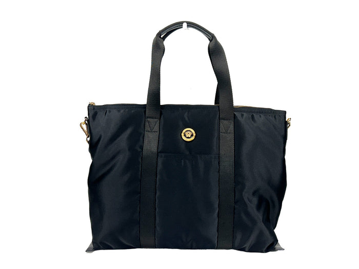 Versace Black Nylon Fabric La Medusa Shoulder Tote Bag Gold