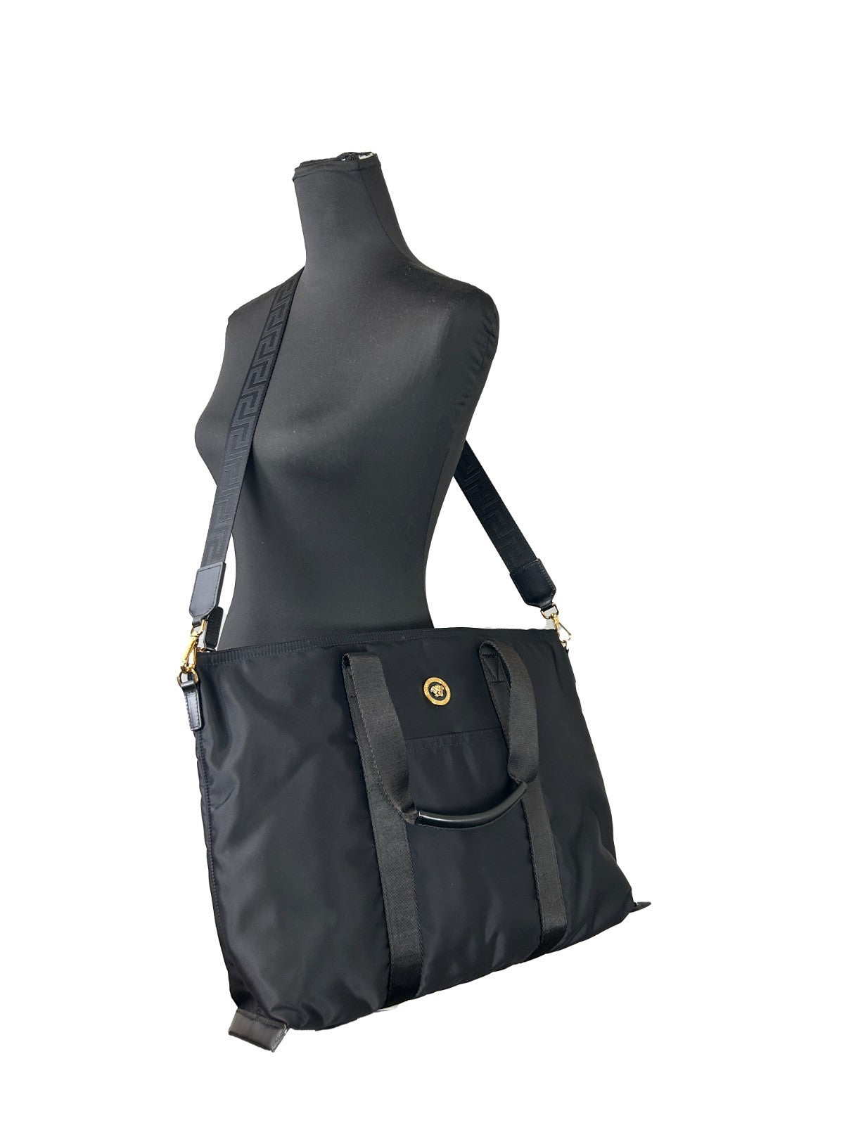 Versace Black Nylon Fabric La Medusa Shoulder Tote Bag Gold