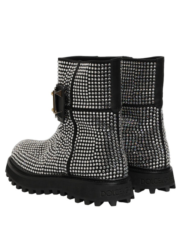 Black Crystal Embellished Short Boots Shoes Leather