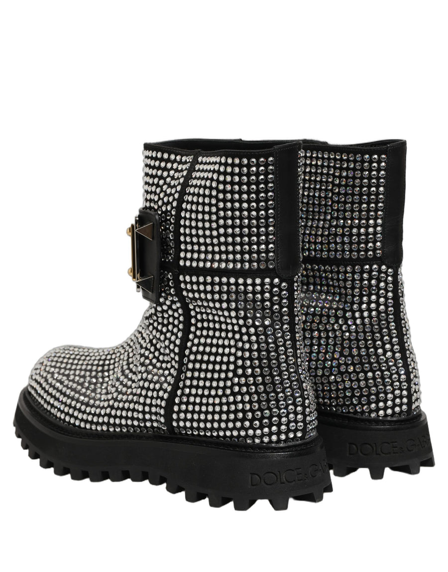 Black Crystal Embellished Short Boots Shoes Leather