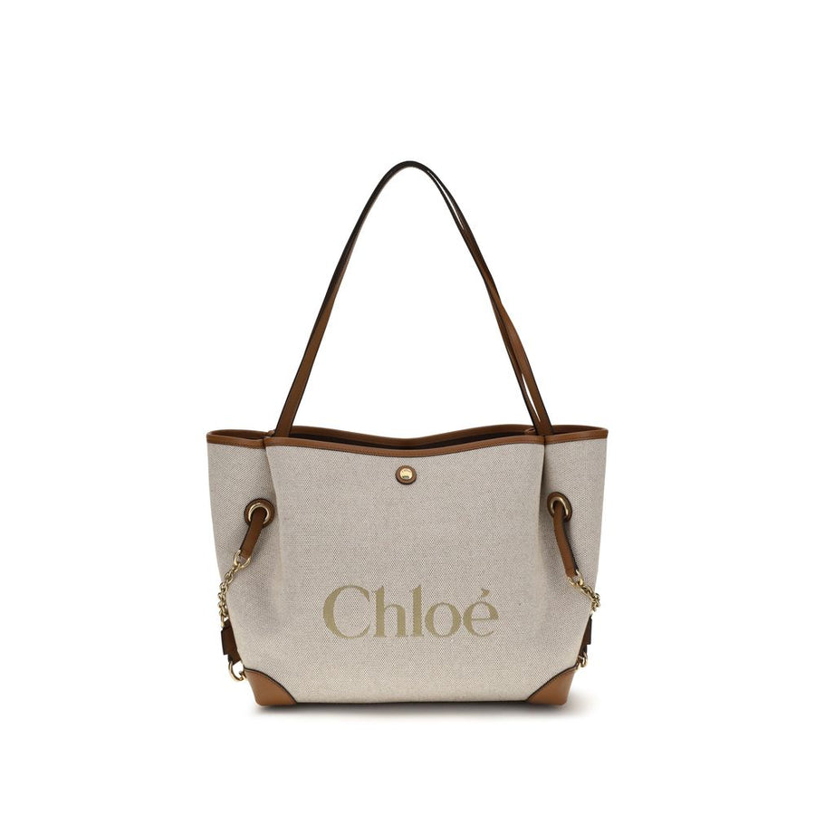 Chloé 100% Cotton canvas with calfskin details tote bag in beige