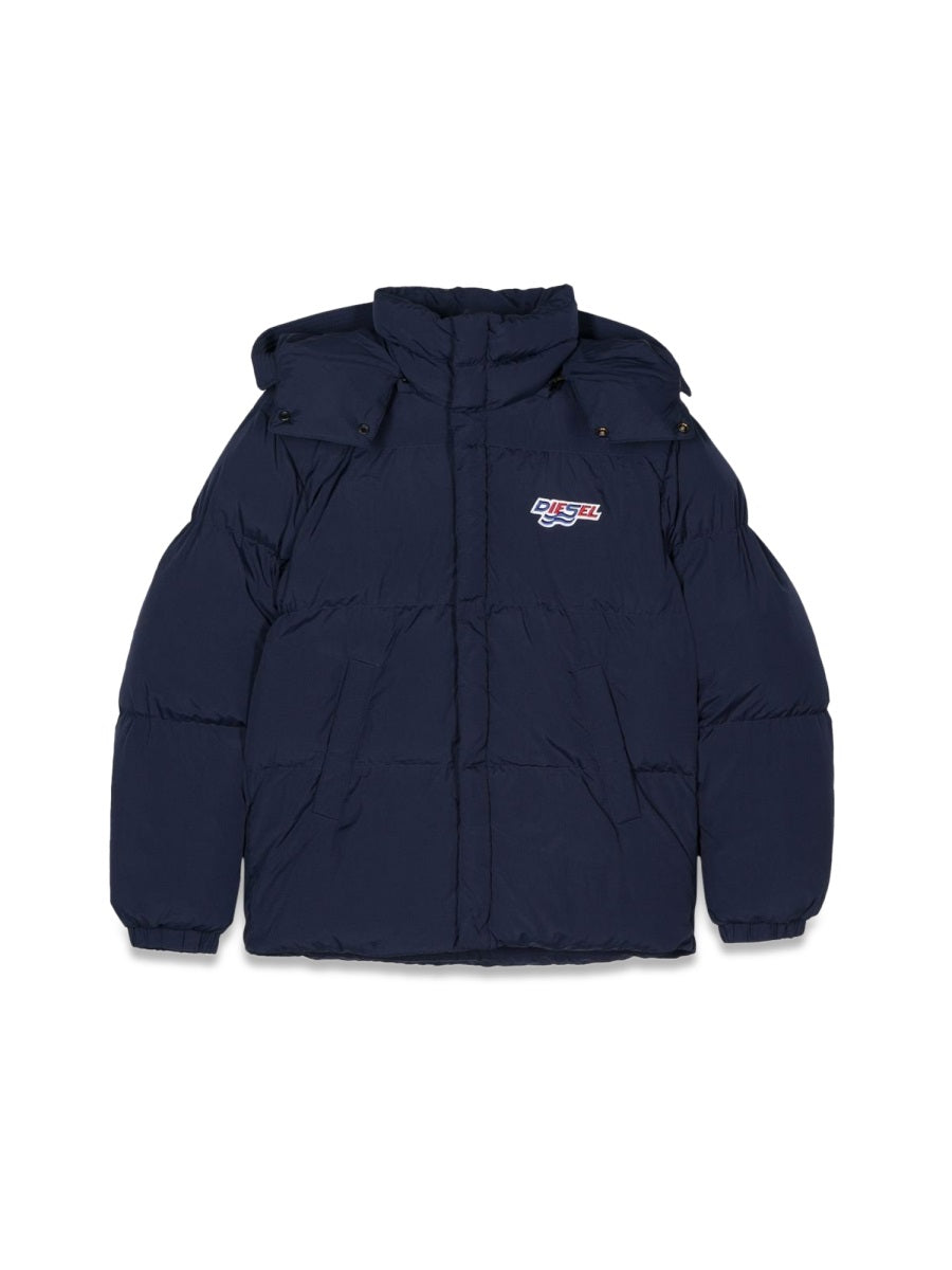 Padded Down Jacket With Hood - Blue Polyamide
