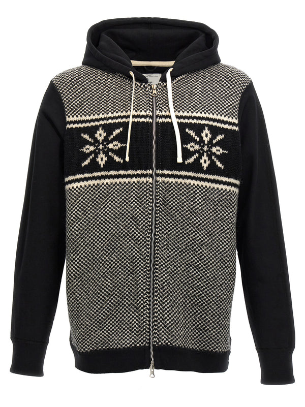 Junya Watanabe 100% cotton (body); wool knit jacquard (chest panel) hoodie in black