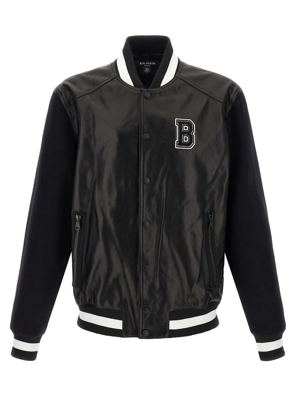 Balmain 100% lamb leather with wool sleeves jacket in black