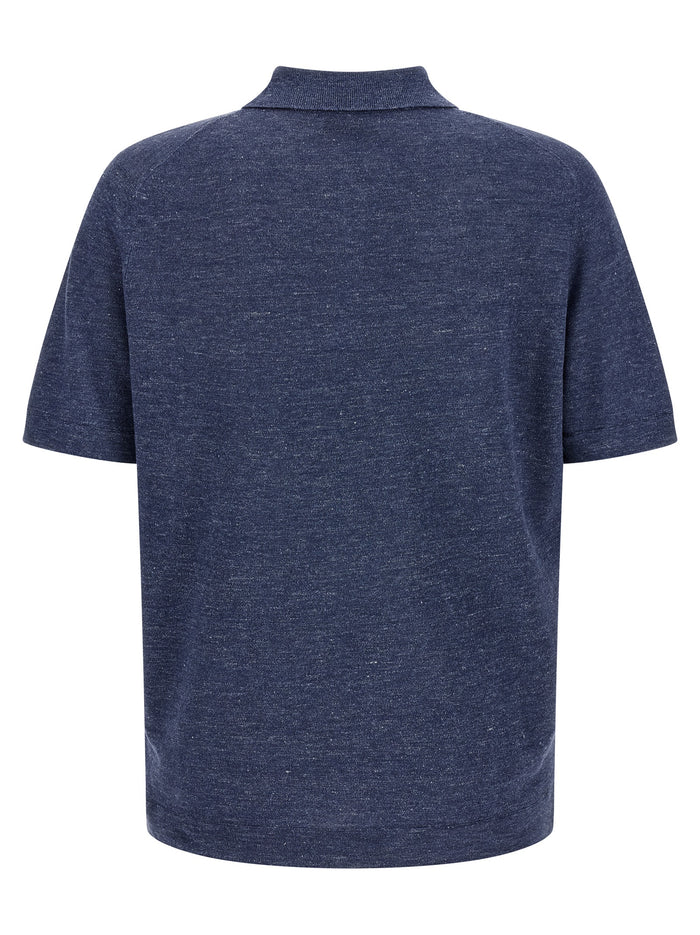 Brunello Cucinelli 77% linen polo shirt in blue — view 2
