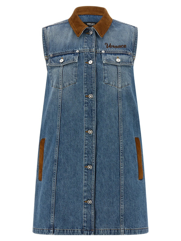 Versace 100% cotton denim with suede trim dress in blue