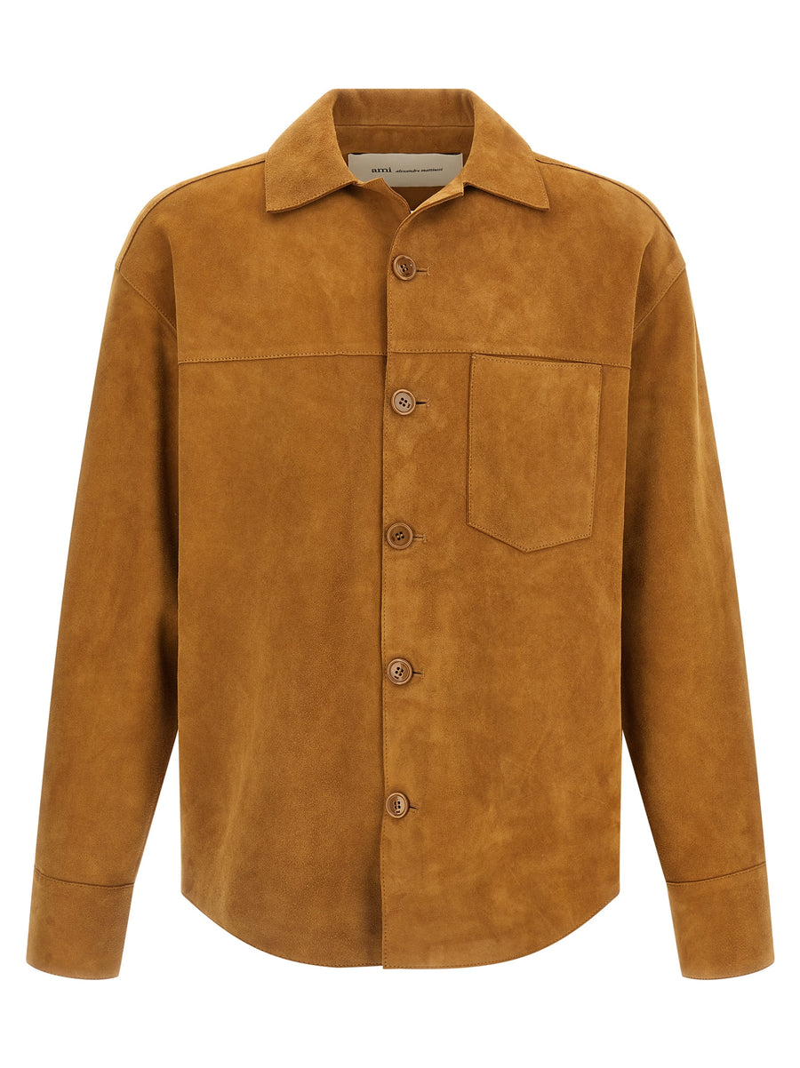 AMI Paris 100% lamb leather overshirt in brown