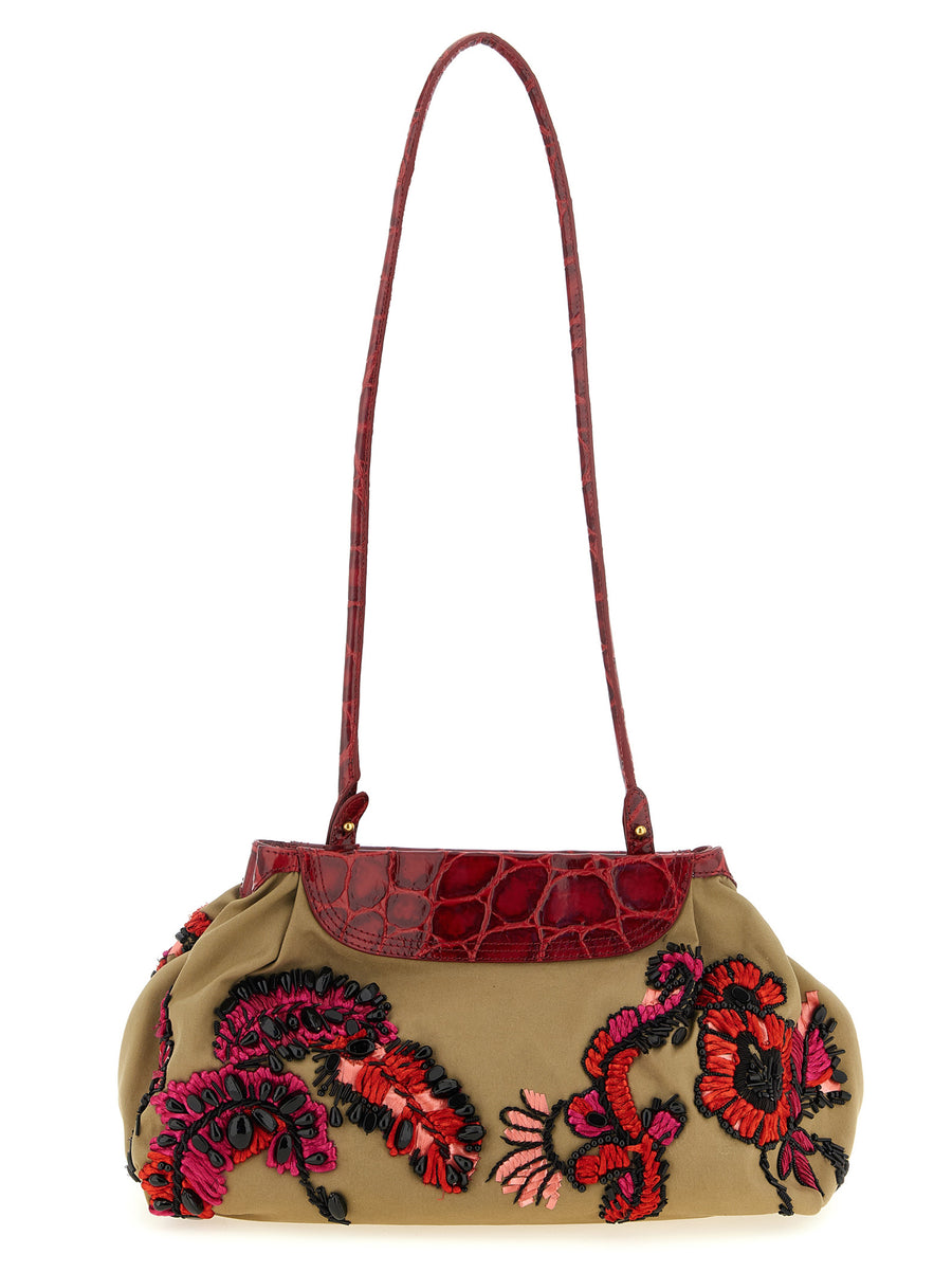 Dries Van Noten 100% Cotton body; crocodile-embossed leather trim clutch in beige