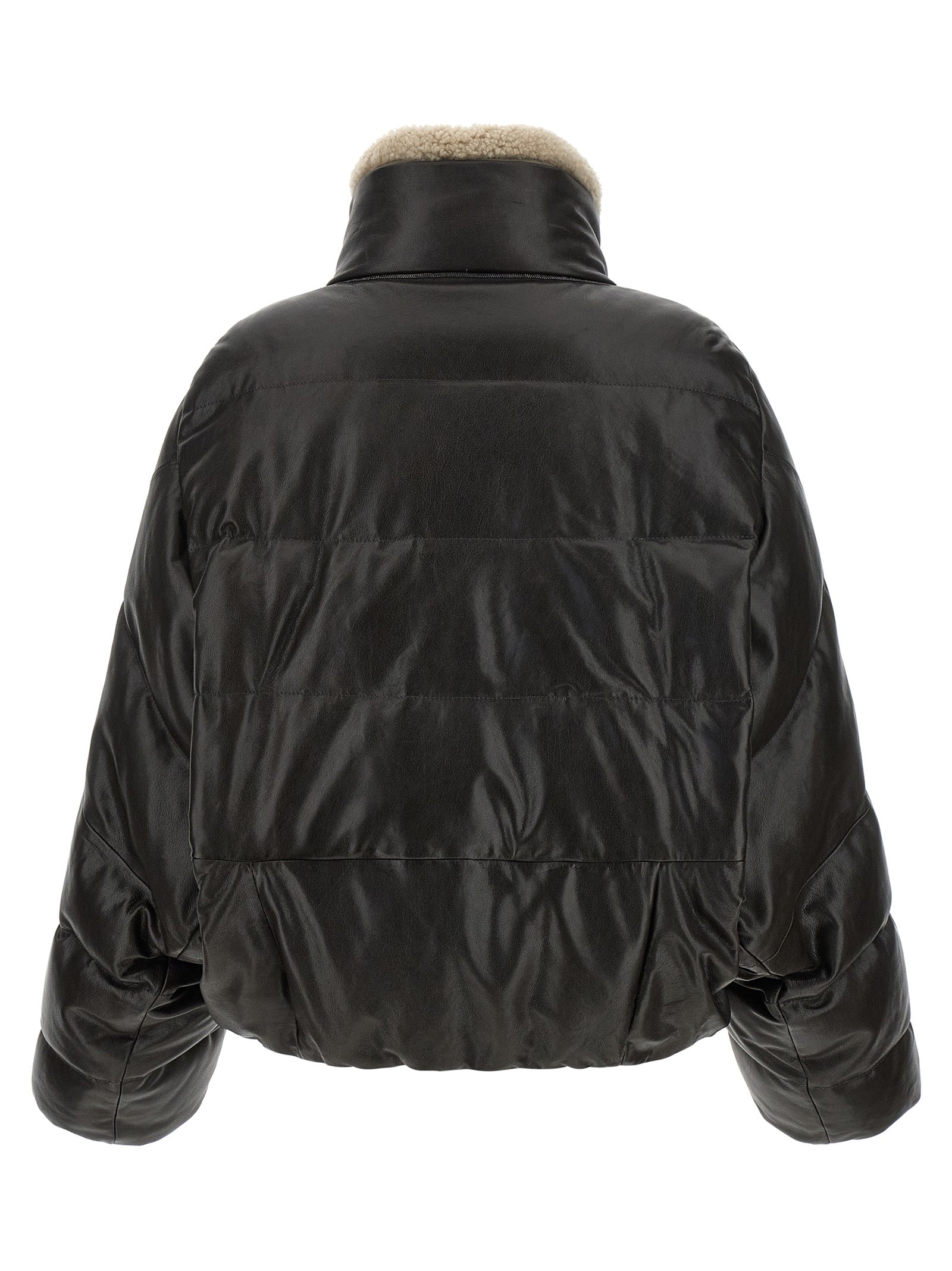 Brunello Cucinelli 100% lamb leather with nylon lining and goose down padding down jacket in brown — view 2