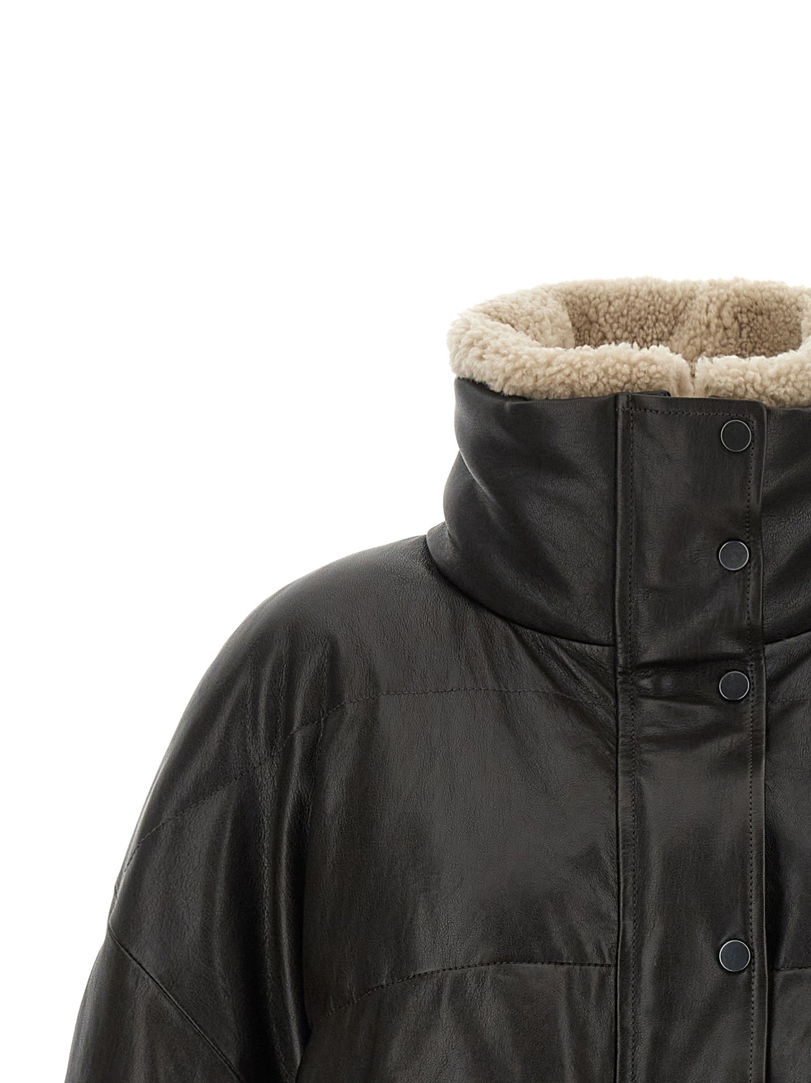 Brunello Cucinelli 100% lamb leather with nylon lining and goose down padding down jacket in brown — view 3