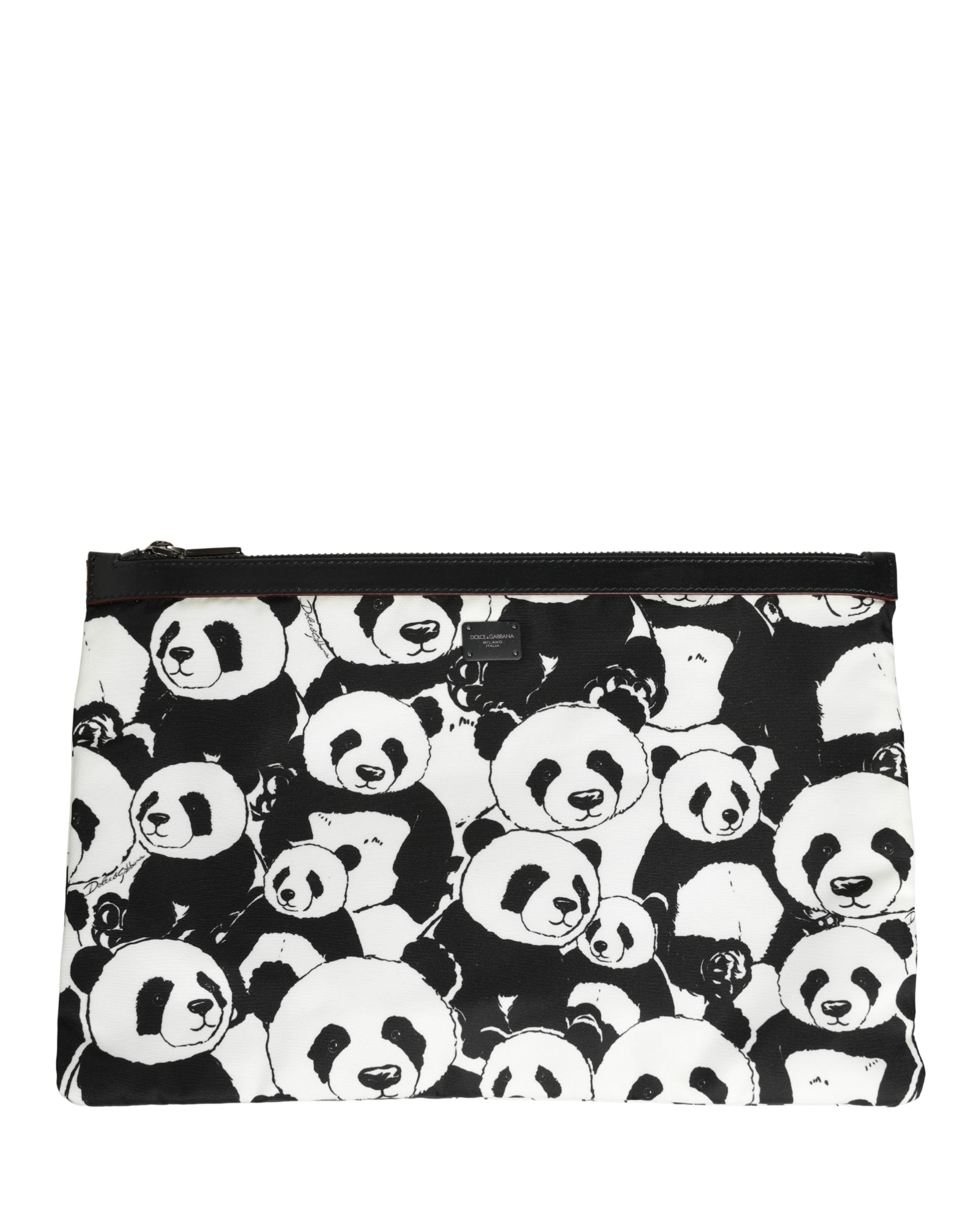 Black White Panda Print Nylon Clutch Men Pouch Borse Bag And Calf Leather