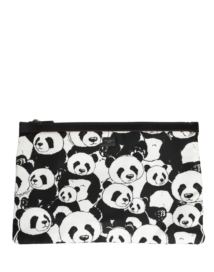 Black White Panda Print Nylon Clutch Men Pouch Borse Bag And Calf Leather
