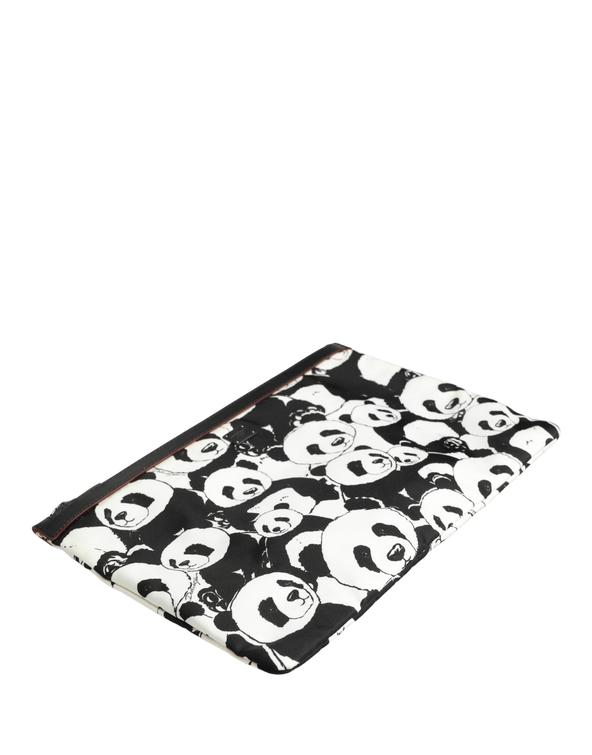 Black White Panda Print Nylon Clutch Men Pouch Borse Bag And Calf Leather