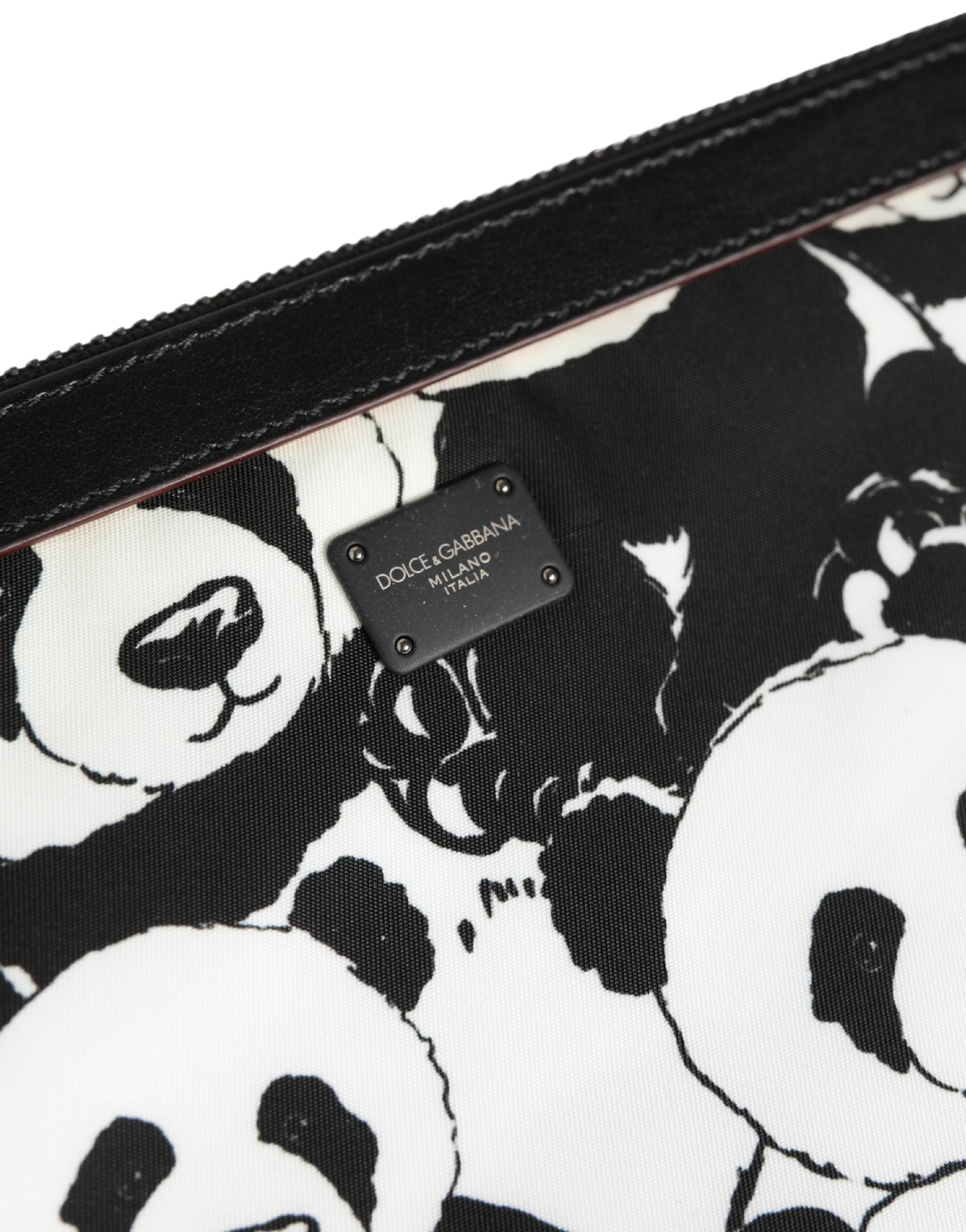 Black White Panda Print Nylon Clutch Men Pouch Borse Bag And Calf Leather